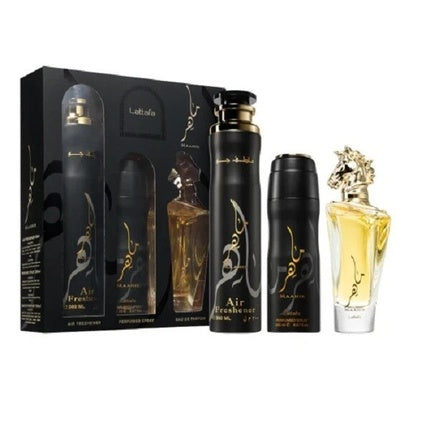 Lattafa Perfumes Maahir Geschenkset 100ml EDP + 200ml Perfumed Body Spray + 300ml Luchtverfrisser