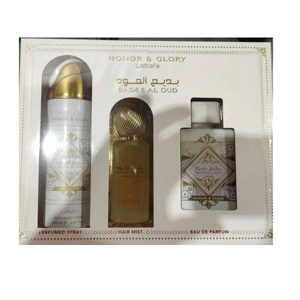 Lattafa Bade'e Al Oud Honor & Glory Geschenkset 100ml EDP + 200ml Scented Body Spray + 50ml Scented Hair Spray