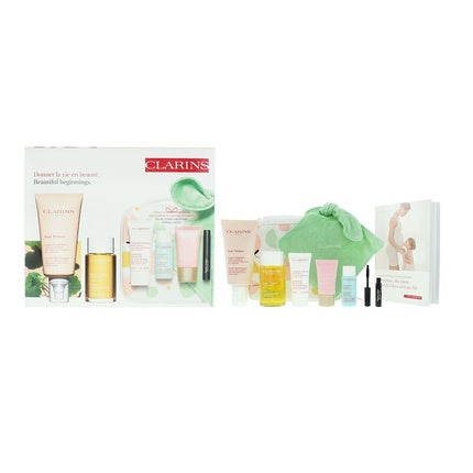 Clarins Beautiful Beginnings Geschenkset 175ml Stretch Mark Expert + 30ml Exfoliating Body Scrub + 15ml Multi-Active Dagcrème + 100ml  Tonic Treatment Oil + 3ml Supra Lift & Curl Mascara + Comforter
